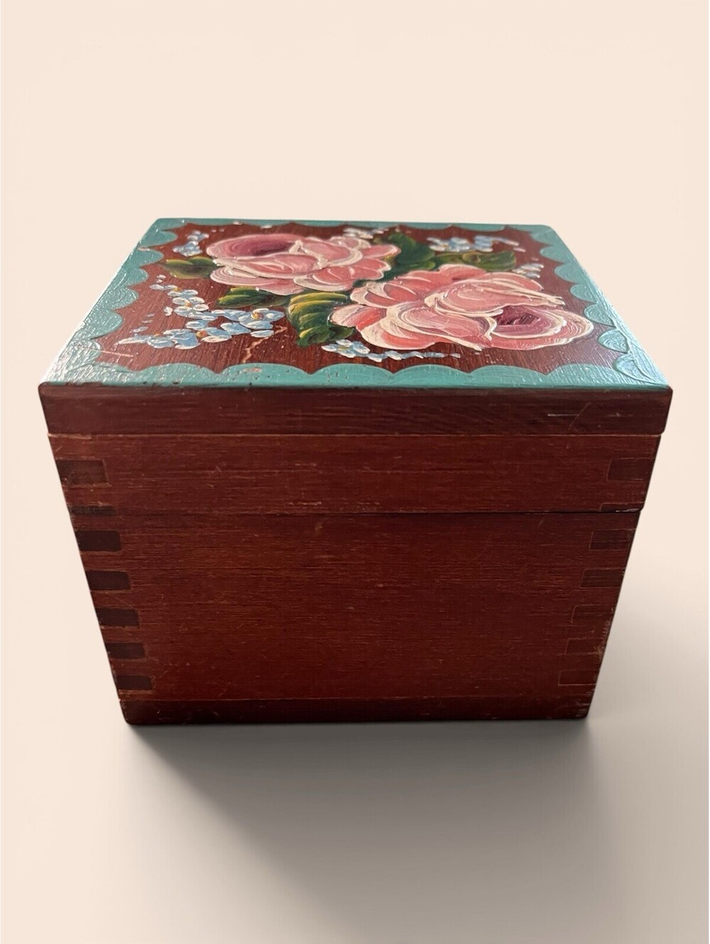 VNTG Hand Painted Floral Wooden Storage Box, Latch Closure 4x4.5x3.5 Trinket Box